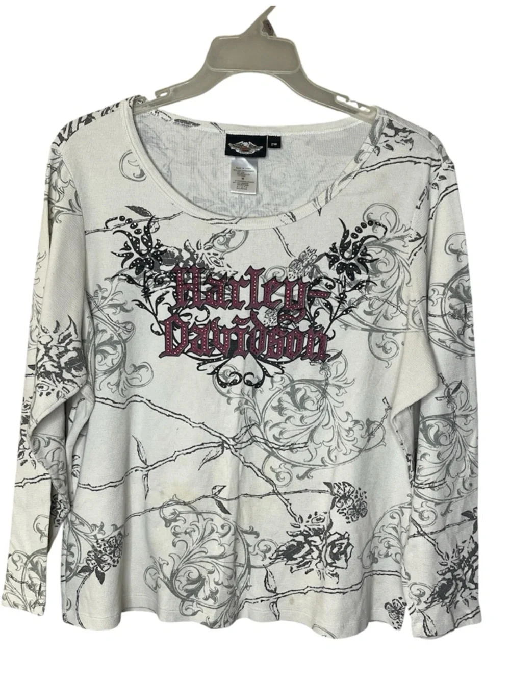 Harley-Davidson White 3/4 Sleeve Tee with Rhinestones and Wings Sz 2X - Picture 2 of 8